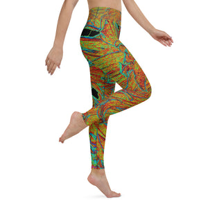 Yoga Leggings for Women, Abstract Burnt Orange and Green Dahlia Bloom