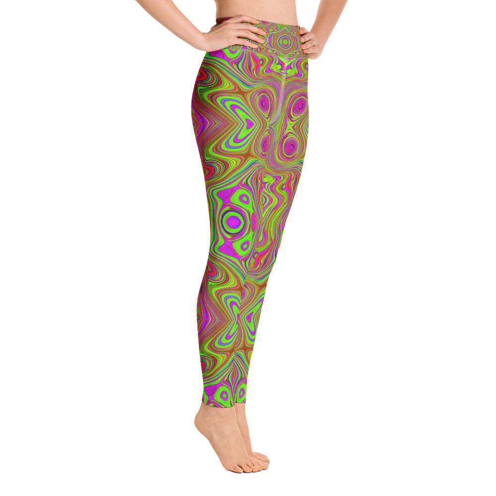 Yoga Leggings for Women, Trippy Retro Chartreuse Magenta Abstract Pattern