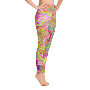 Yoga Leggings for Women, Retro Pink, Yellow and Magenta Abstract Groovy Art