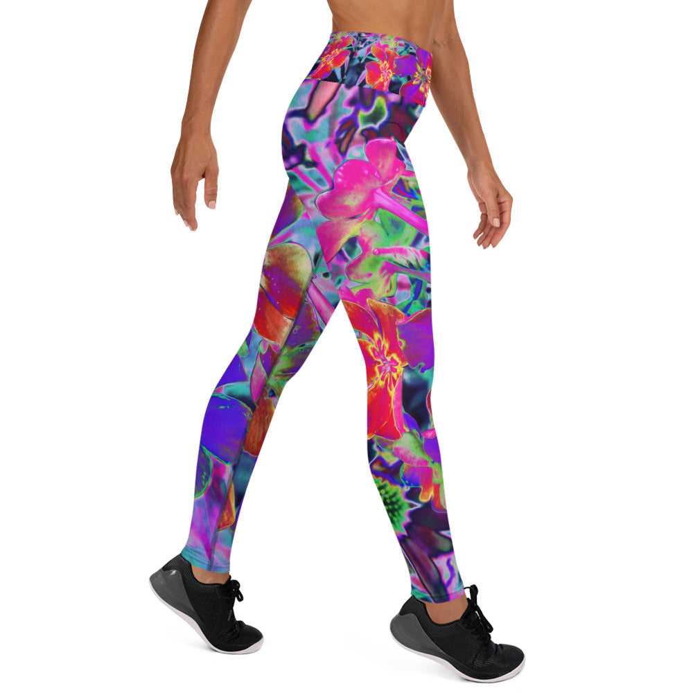 Yoga Leggings for Women, Dramatic Psychedelic Colorful Red and Purple Flowers