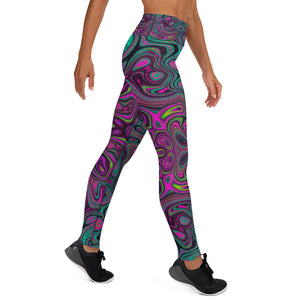 Yoga Leggings for Women, Abstract Magenta and Teal Blue Groovy Retro Pattern