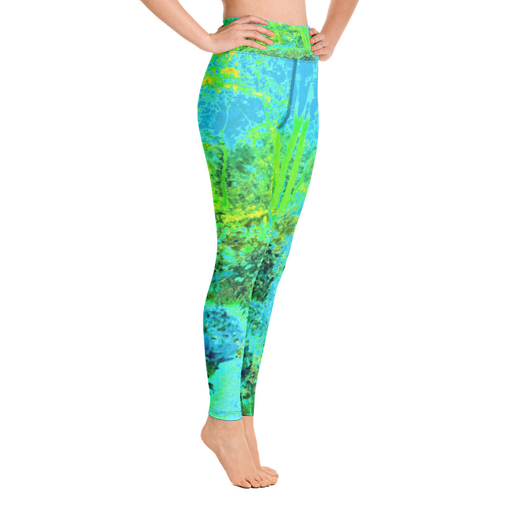Yoga Leggings for Women, Trippy Lime Green and Blue Impressionistic Landscape