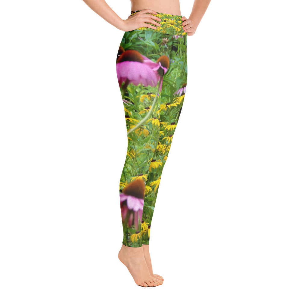 Yoga Leggings for Women, Yellow and Purple Flowers in the Garden