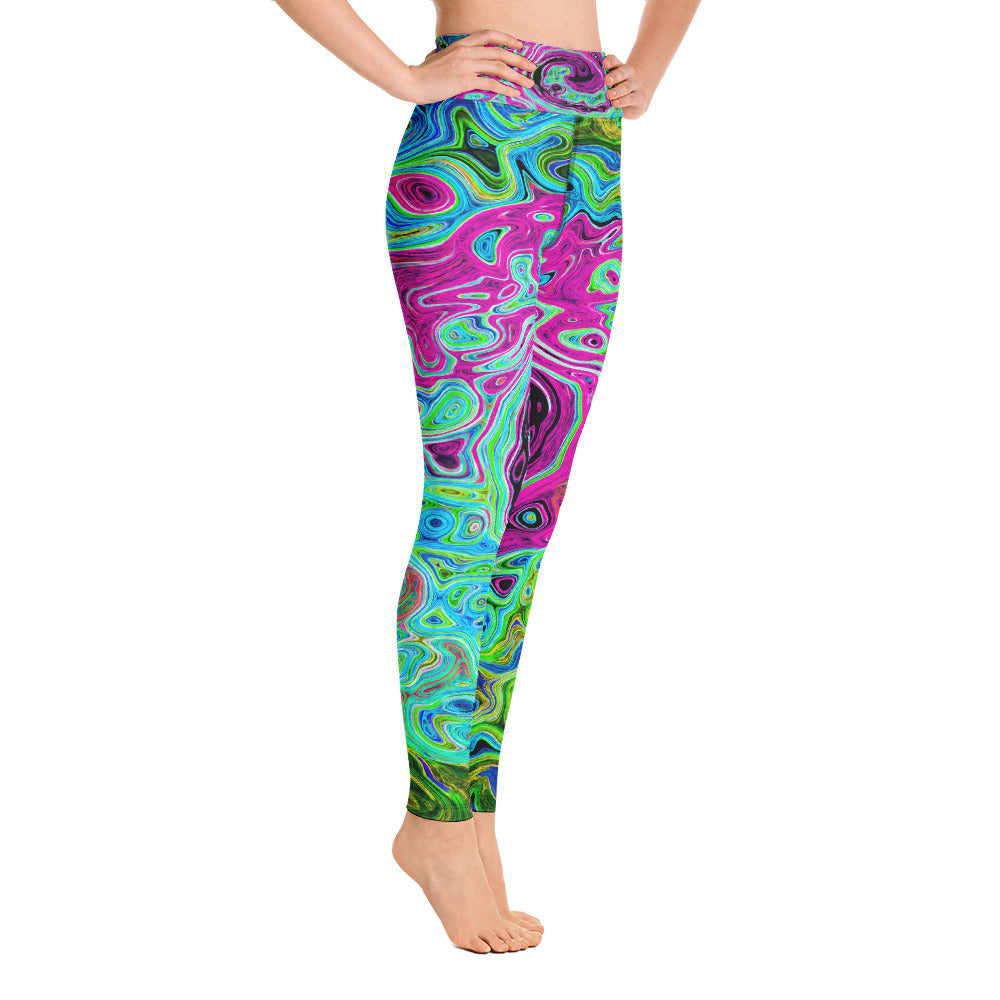 Yoga Leggings for Women, Hot Pink and Blue Groovy Abstract Retro Liquid Swirl