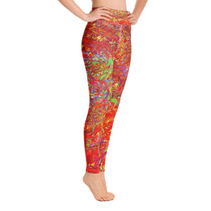 Yoga Leggings, Abstract Red and Lime Green Foliage Garden