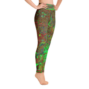 Yoga Leggings, Abstract Crimson Red and Green Foliage Garden