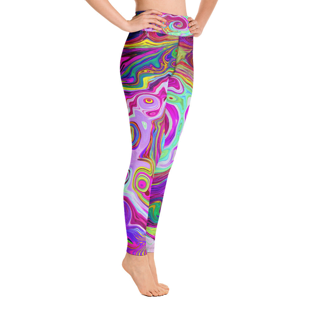 Yoga Leggings, Groovy Abstract Retro Magenta Rainbow Swirl
