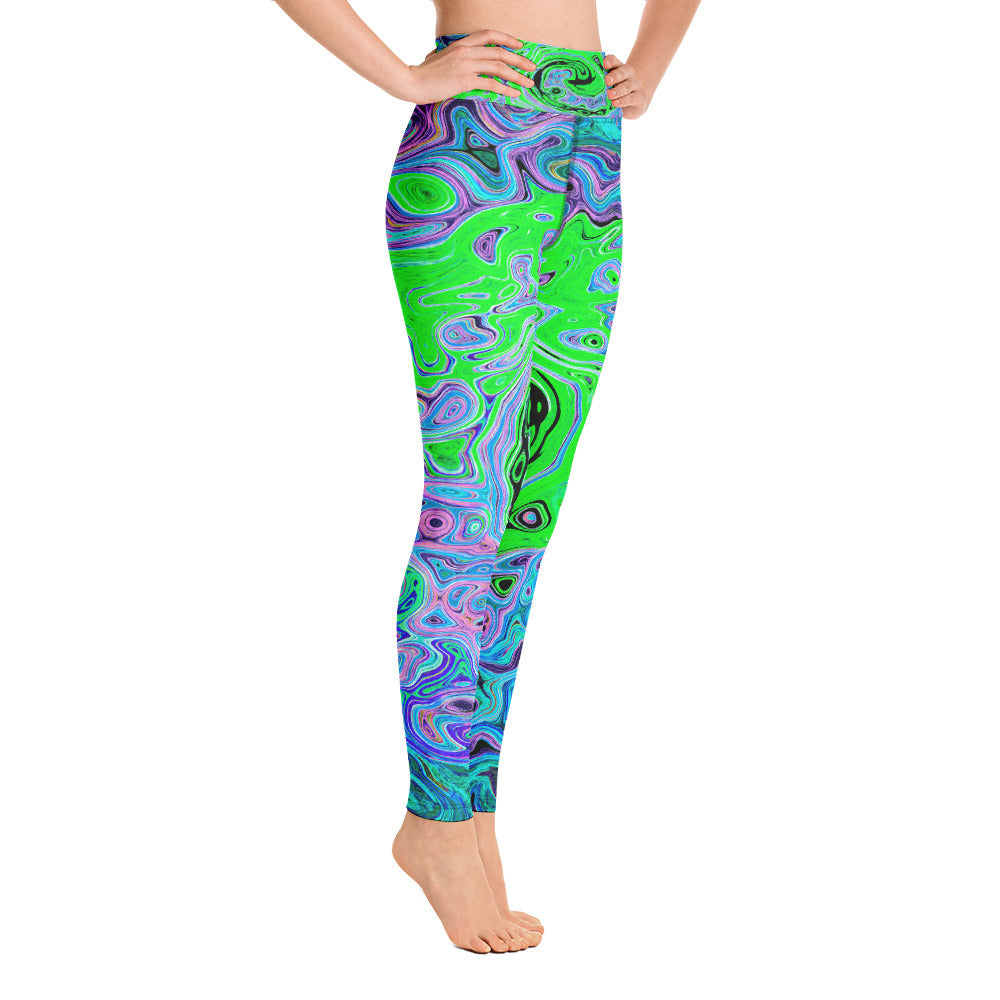 Yoga Leggings, Lime Green Groovy Abstract Retro Liquid Swirl