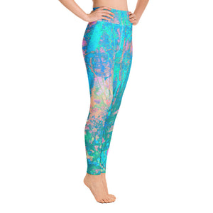 Yoga Leggings, Trippy Aqua Sunrise with Psychedelic Garden Flowers