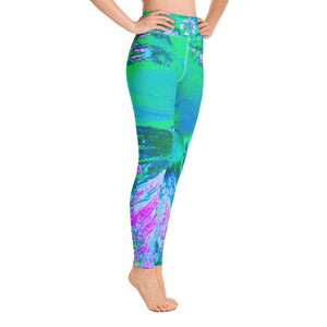 Yoga Leggings, Psychedelic Retro Green and Hot Pink Hibiscus Flower