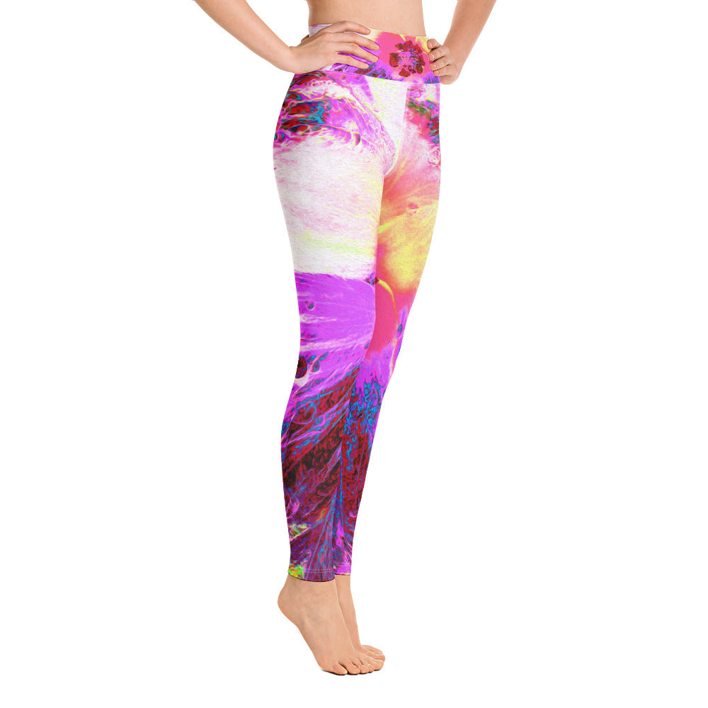 Yoga Leggings, Psychedelic Trippy Rainbow Colors Hibiscus Flower