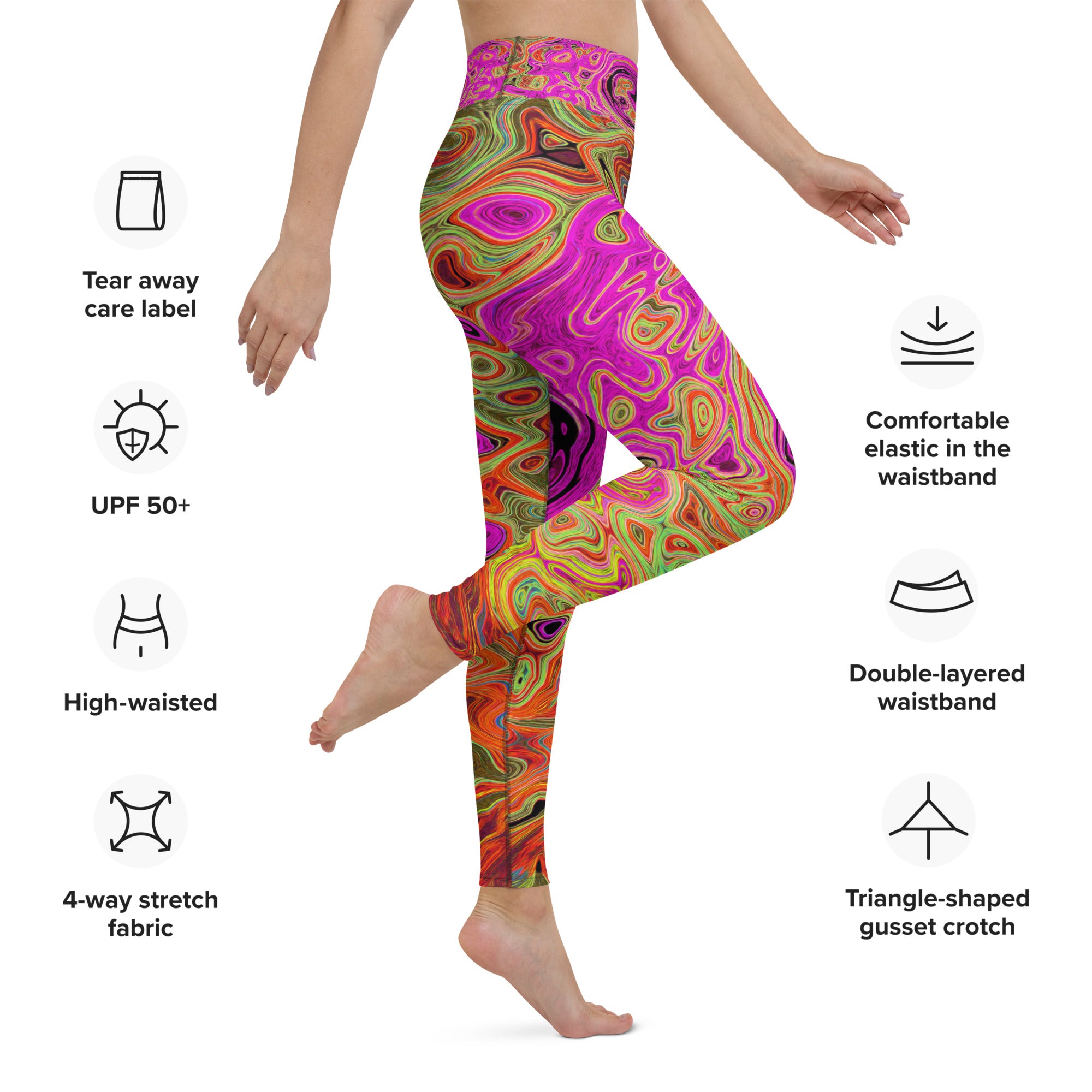 Yoga Leggings, Hot Pink Groovy Abstract Retro Liquid Swirl
