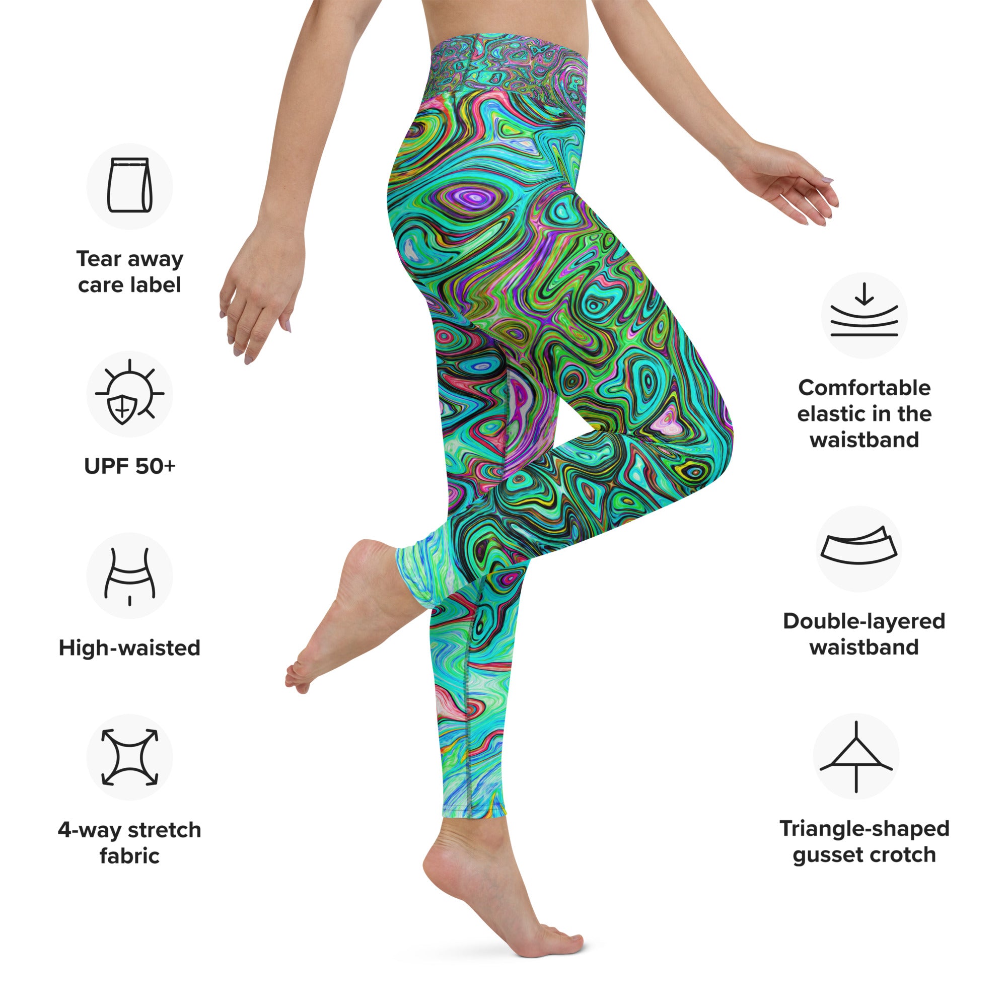 Yoga Leggings, Aquamarine Groovy Abstract Retro Liquid Swirl