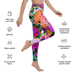 Yoga Leggings, Blooming Abstract Magenta and Orange Flower