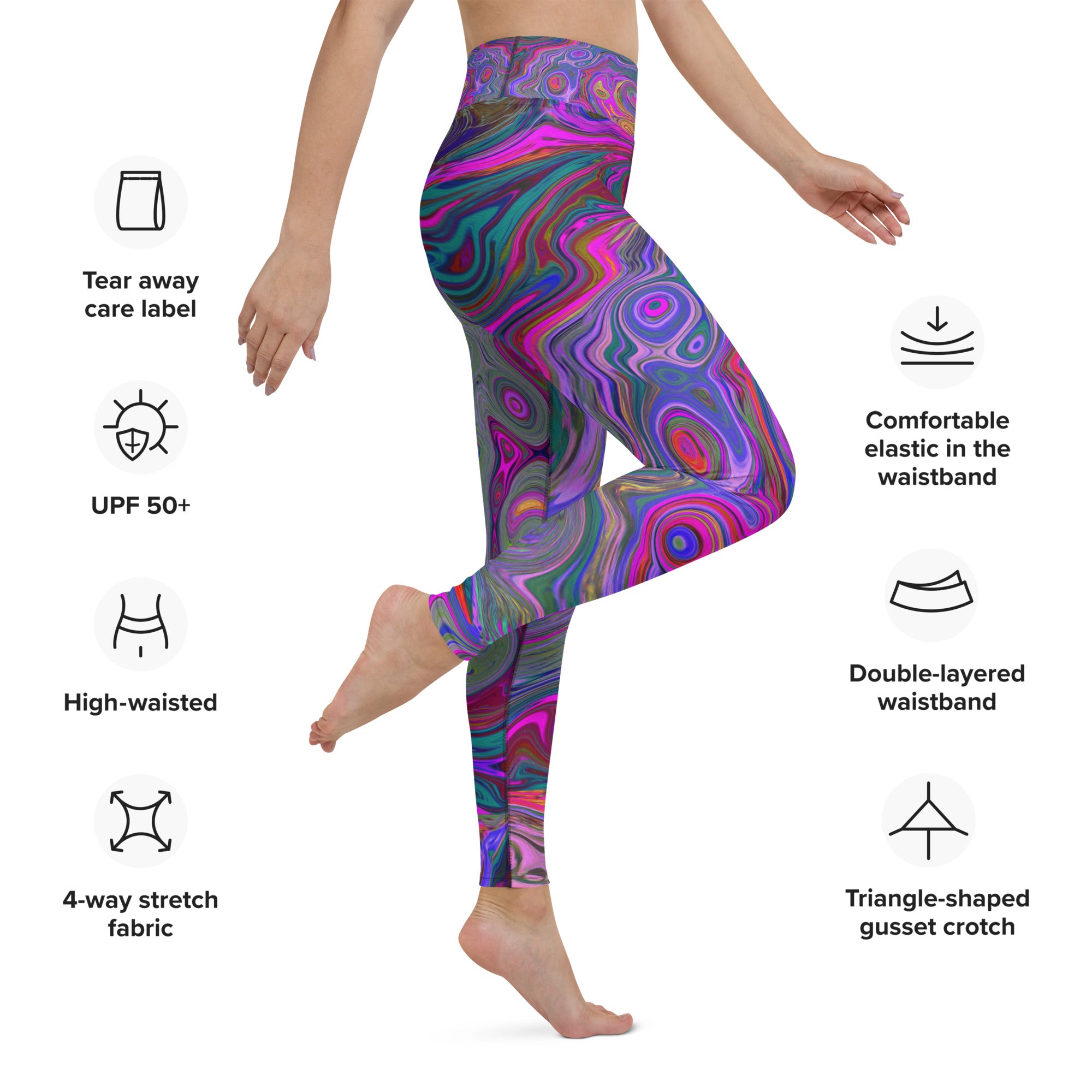 Yoga Leggings, Retro Magenta, Green and Orange Abstract Swirl