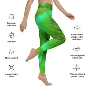 Yoga Leggings, Cool Green and Gold Abstract Cloud Mandala