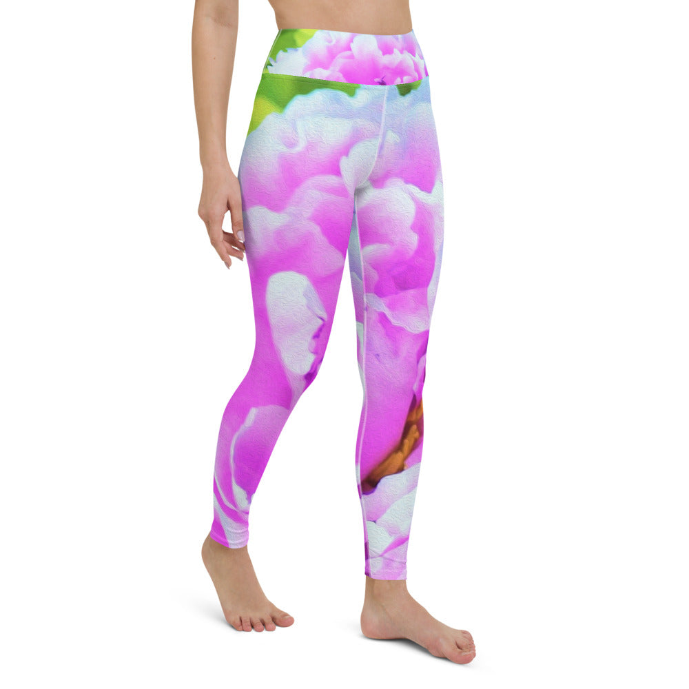 Yoga Leggings for Women, Stunning Double Pink Peony Flower Detail