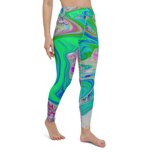 Yoga Leggings for Women, Colorful Marbled Lime Green Abstract Retro Liquid Art