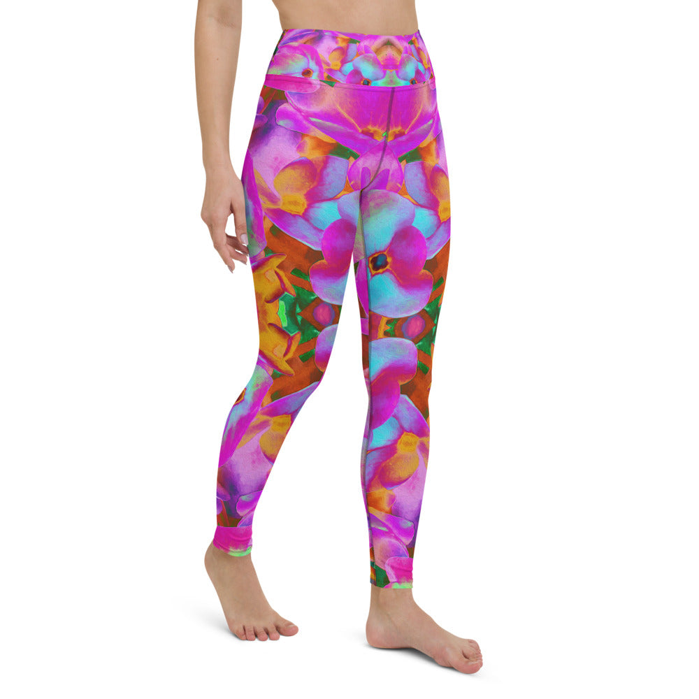 Yoga Leggings for Women, Hydrangea Flower Petals in Aqua, Magenta and Orange