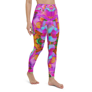 Yoga Leggings for Women, Hydrangea Flower Petals in Aqua, Magenta and Orange