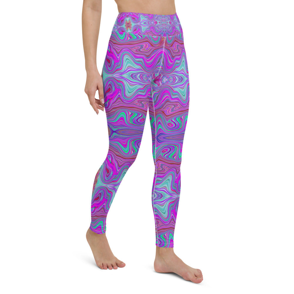 Yoga Leggings for Women, Wavy Magenta and Green Trippy Marbled Pattern