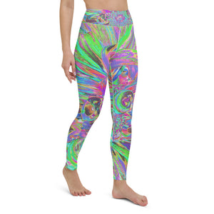 Yoga Leggings for Women, Festive Colorful Psychedelic Dahlia Flower Petals