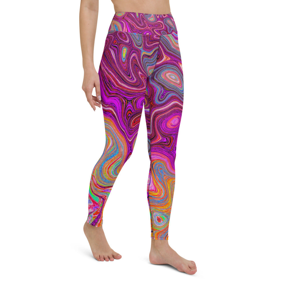 Yoga Leggings for Women, Trippy Abstract Cool Magenta Rainbow Colors Retro Art