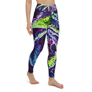 Yoga Leggings for Women, Graphic Black White Blue and Green Rose Detail