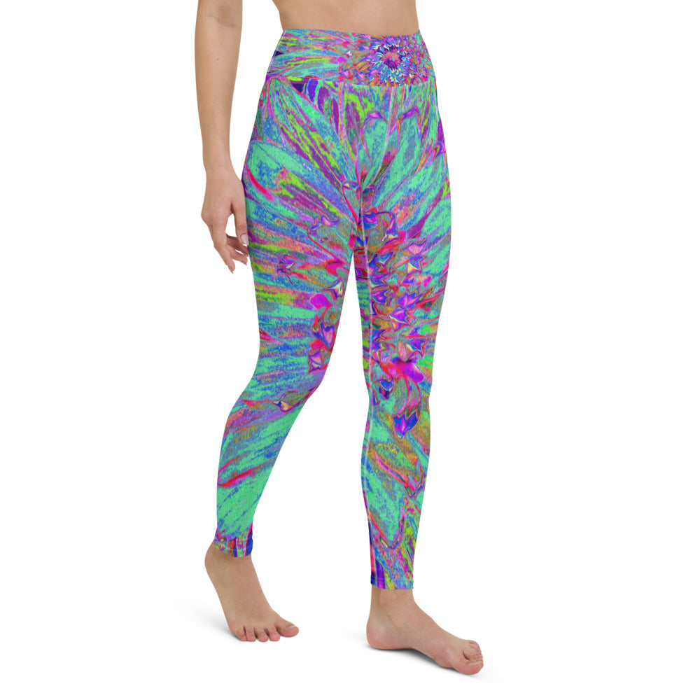 Colorful Yoga Leggings, Aquamarine Rainbow Color Abstract Dahlia Flower