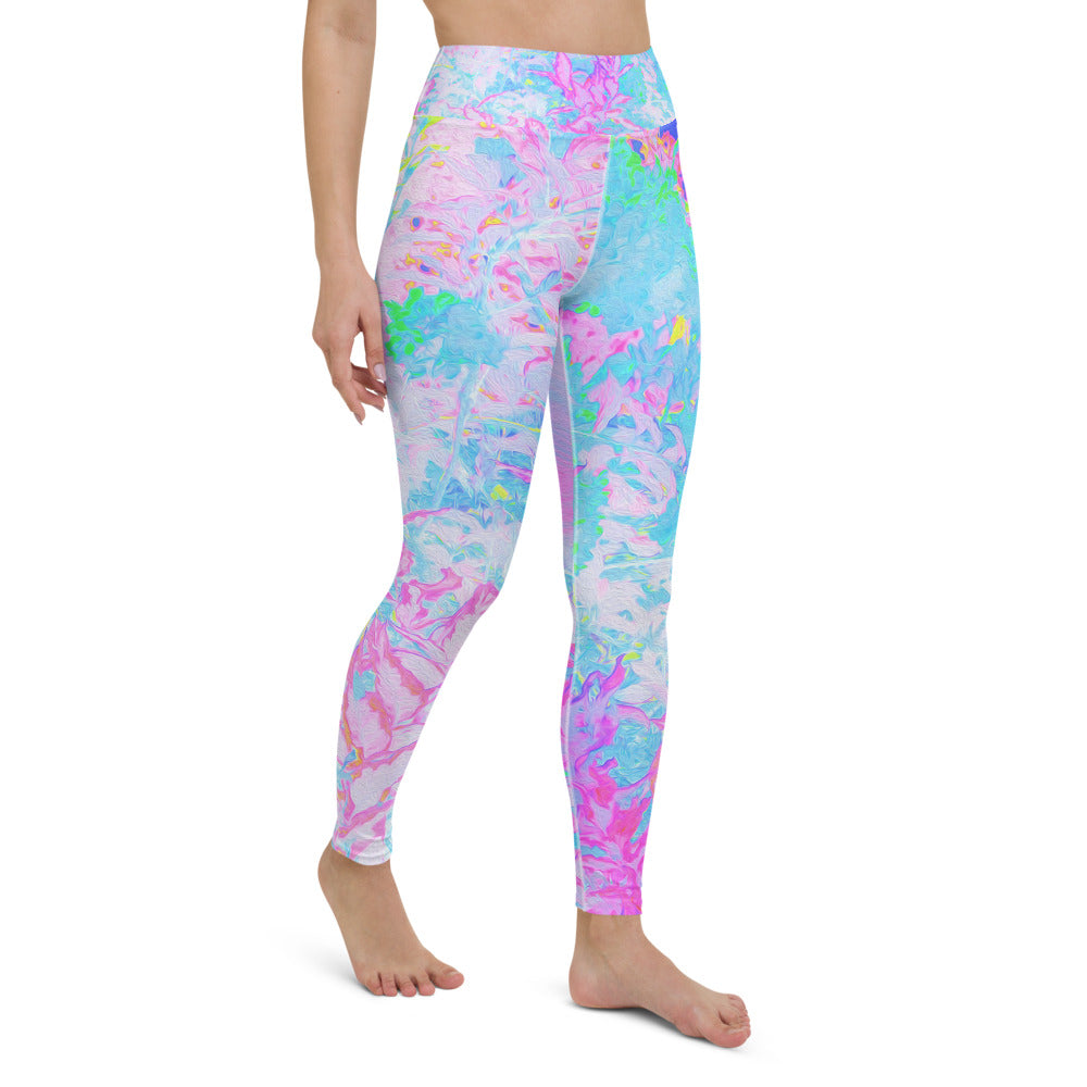 Yoga Leggings for Women, Aqua Blue and Hot Pink Hydrangea Landscape