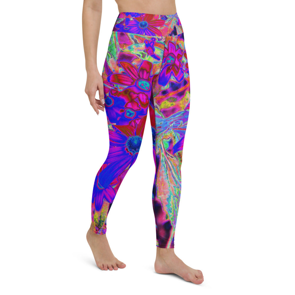 Floral Yoga Leggings for Women, Psychedelic Retro Crimson and Magenta Wildflowers