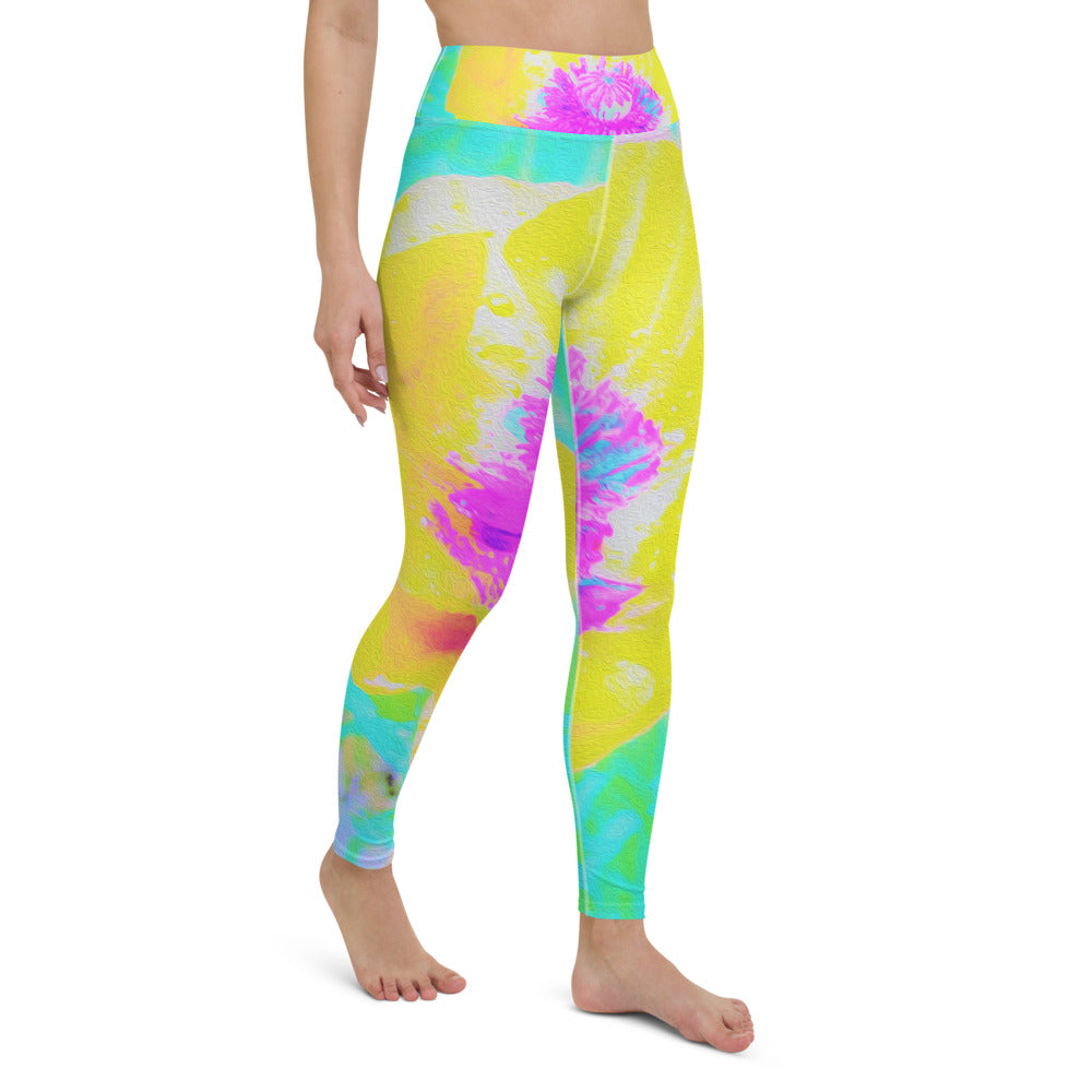 Yoga Leggings for Women, Yellow Poppy with Hot Pink Center on Turquoise
