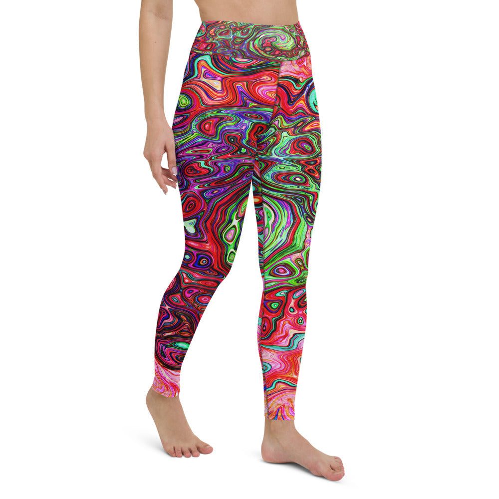 Yoga Leggings for Women, Watercolor Red Groovy Abstract Retro Liquid Swirl