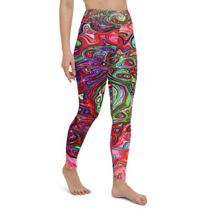 Yoga Leggings for Women, Watercolor Red Groovy Abstract Retro Liquid Swirl