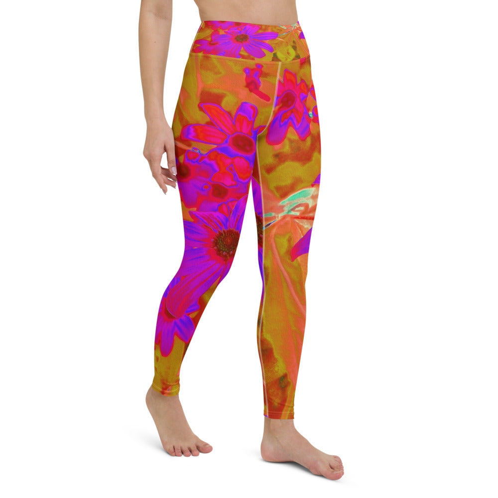 Yoga Leggings for Women, Colorful Ultra-Violet, Magenta and Red Wildflowers