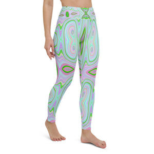 Yoga Leggings for Women, Retro Abstract Pink, Lime Green and Aqua Pattern