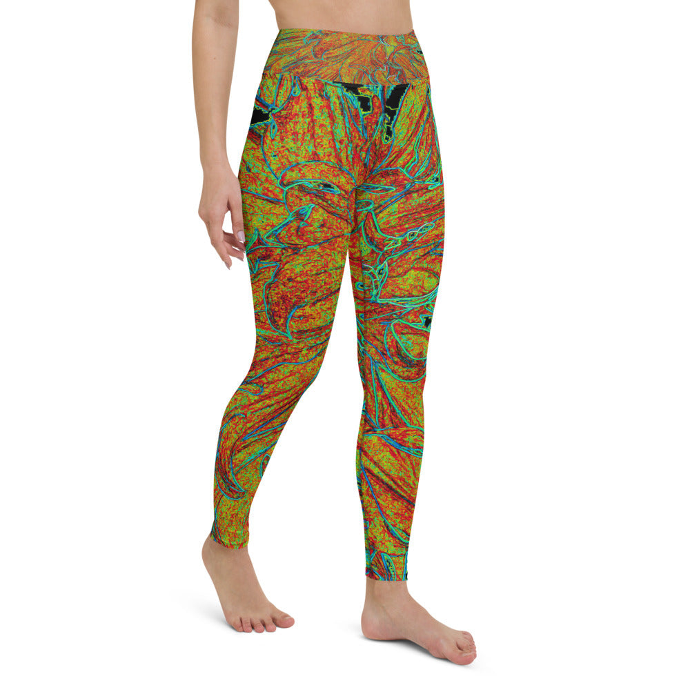 Yoga Leggings for Women, Abstract Burnt Orange and Green Dahlia Bloom