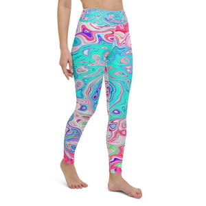 Yoga Leggings, Groovy Aqua Blue and Pink Abstract Retro Swirl