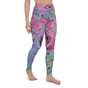 Yoga Leggings, Pink and Lime Green Groovy Abstract Retro Swirl