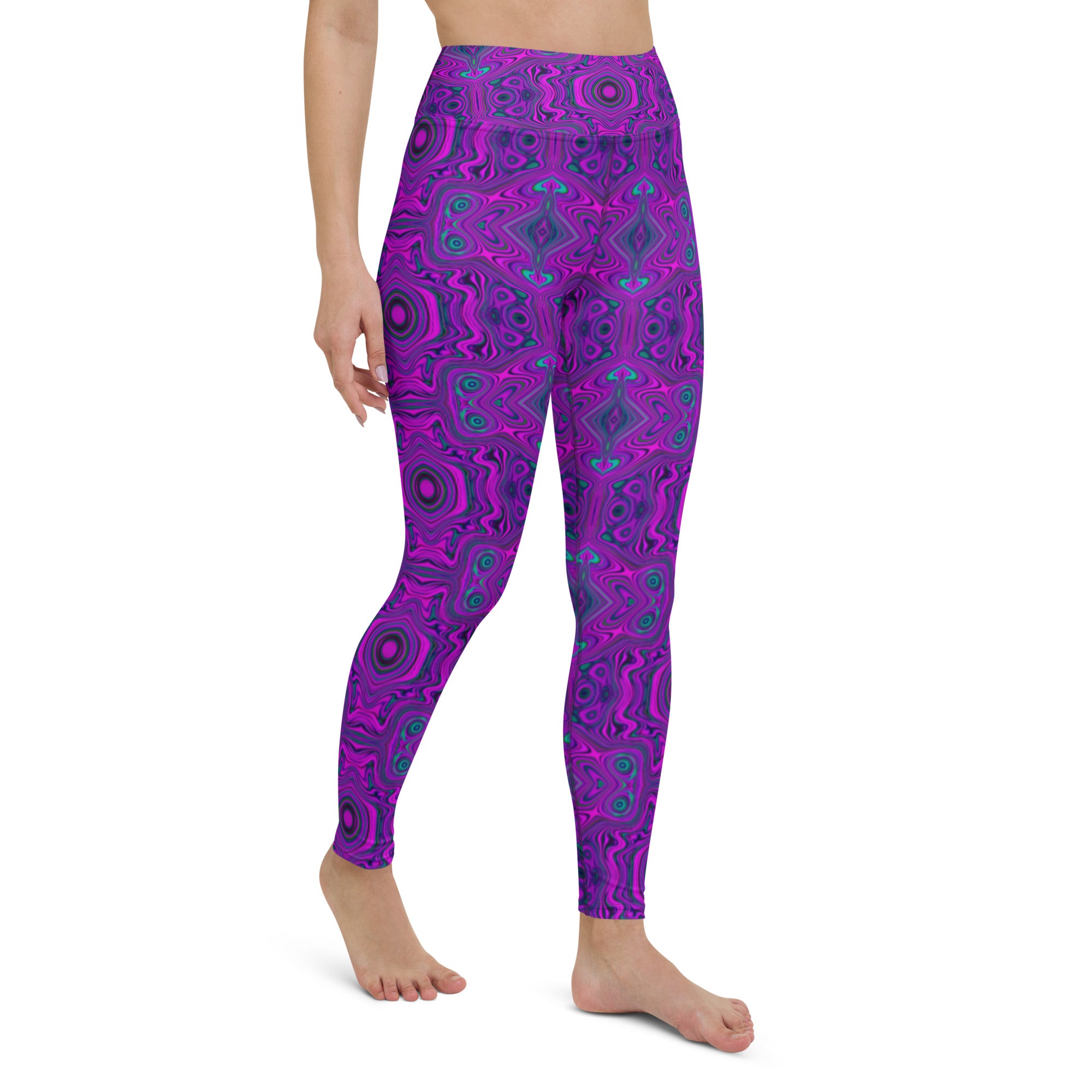 Yoga Leggings, Trippy Retro Magenta and Black Abstract Pattern