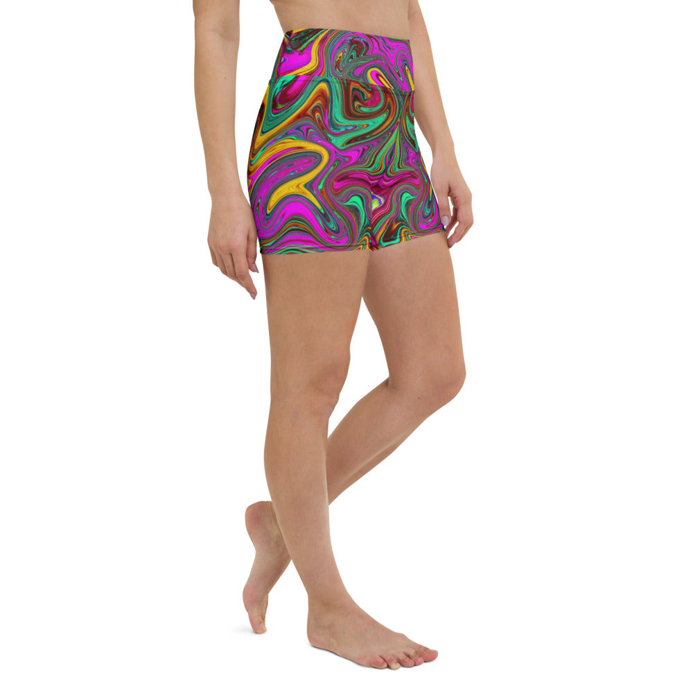 Yoga Shorts for Women, Retro Groovy Hot Pink and Sea Foam Green Abstract Art