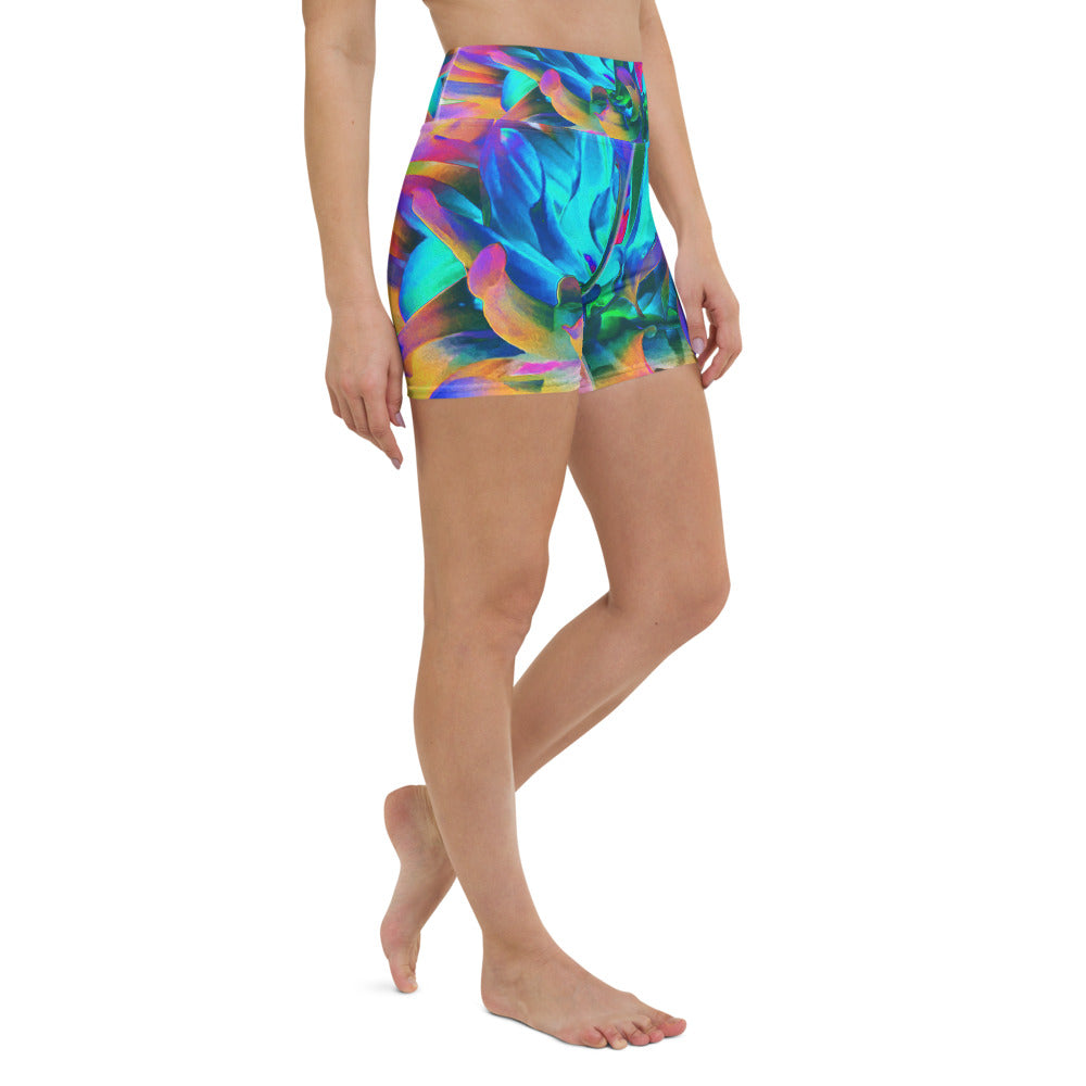 Yoga Shorts for Women, Stunning Watercolor Rainbow Cactus Dahlia