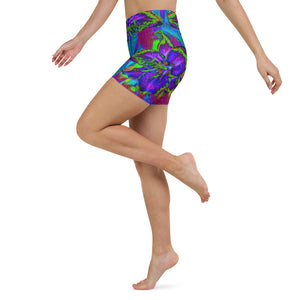 Yoga Shorts for Women, Psychedelic Purple and Lime Green Lily Flower