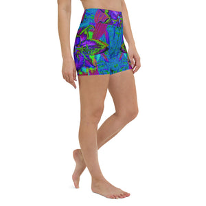 Yoga Shorts for Women, Psychedelic Purple and Lime Green Lily Flower