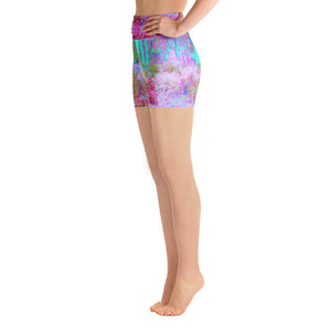 Yoga Shorts for Women, Impressionistic Pink and Turquoise Garden Landscape