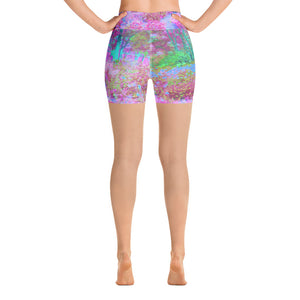 Yoga Shorts for Women, Impressionistic Pink and Turquoise Garden Landscape