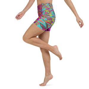 Yoga Shorts for Women, Psychedelic Teal Blue Abstract Decorative Dahlia