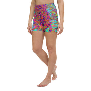 Yoga Shorts for Women, Psychedelic Teal Blue Abstract Decorative Dahlia
