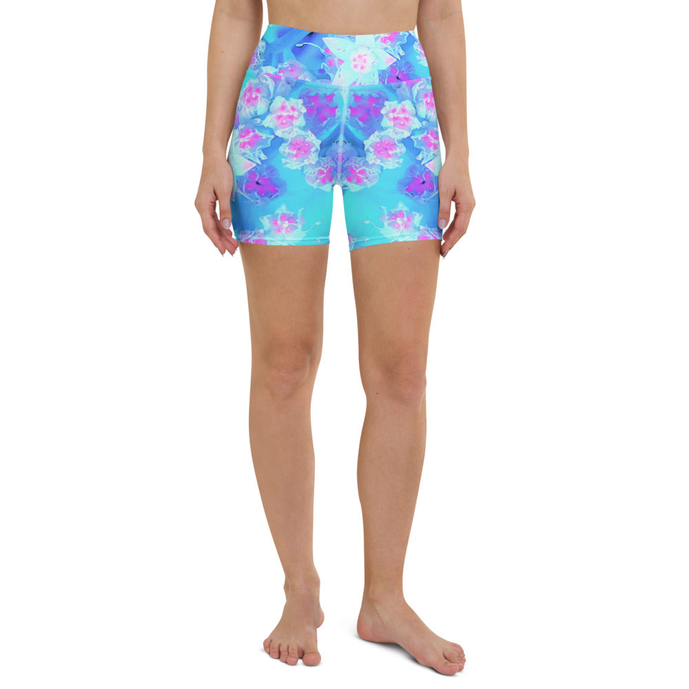 Yoga Shorts for Women, Blue and Hot Pink Succulent Underwater Sedum