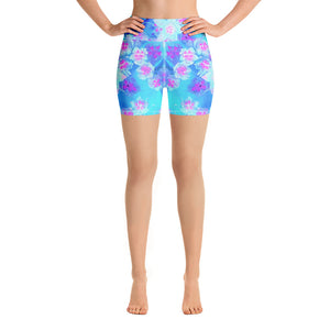 Yoga Shorts for Women, Blue and Hot Pink Succulent Underwater Sedum
